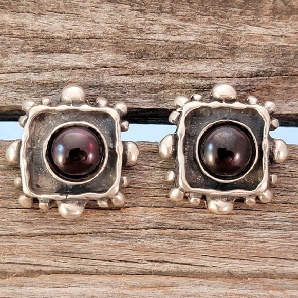 Vintage Sterling Square Beaded Edge Red Cab Post Earrings - Picture 2 of 6